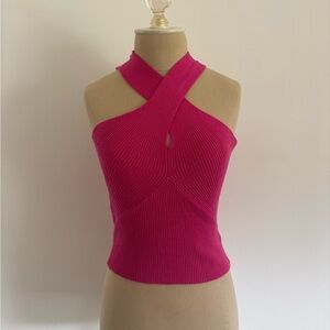 Lena Ribbed Cropped Top Cross Neck Pink M